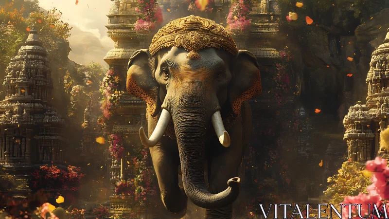 Regally adorned elephant advances through ornate temple corridor