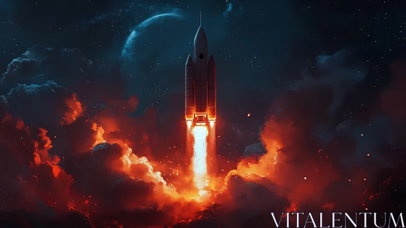 Rocket launch ignites nebular sky with blazing exhaust