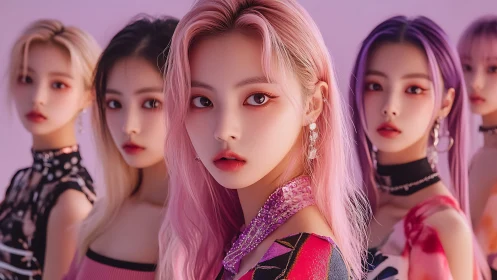 Five stylized female figures pose against uniform pink backdrop