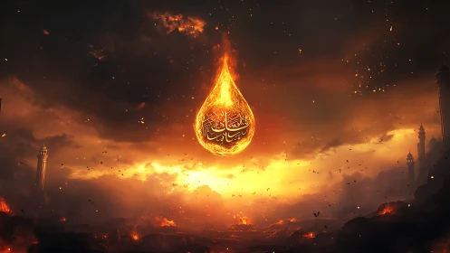 Radiant Teardrop: Islamic Calligraphy Ablaze in Apocalyptic Light.