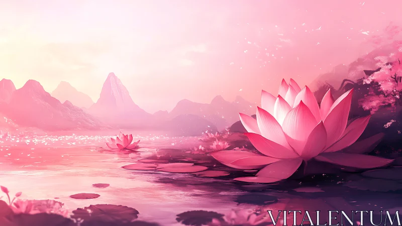 Blush-tinted lotus realm drifting in dreamlit mountain haze.