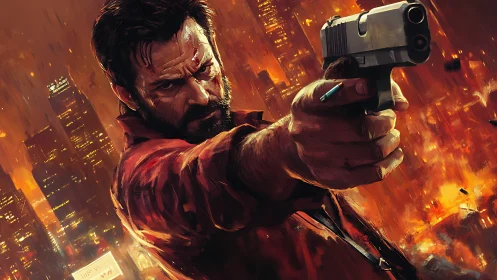 Armed man aims handgun before burning night city skyline