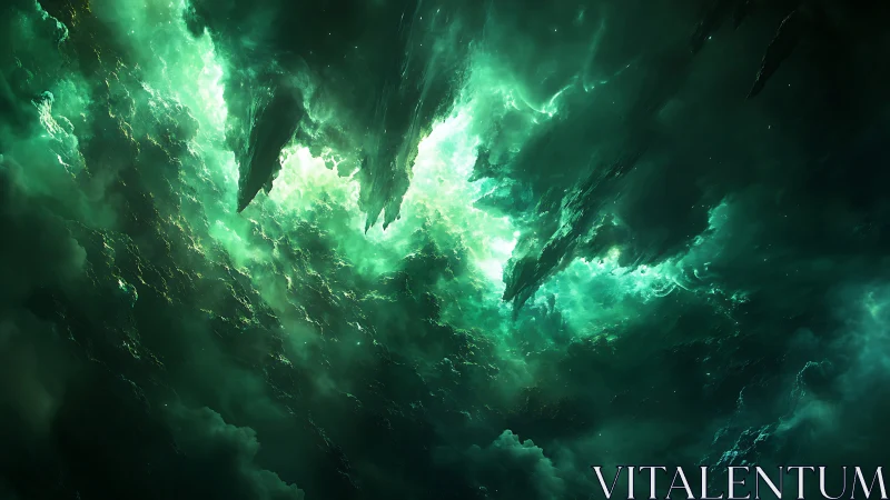 Emerald cosmic storm shards slice through swirling nebula