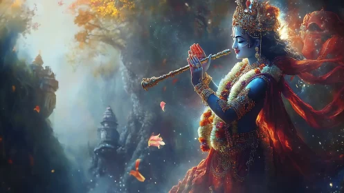 Divine blue musician with garlands in luminous forestscape.