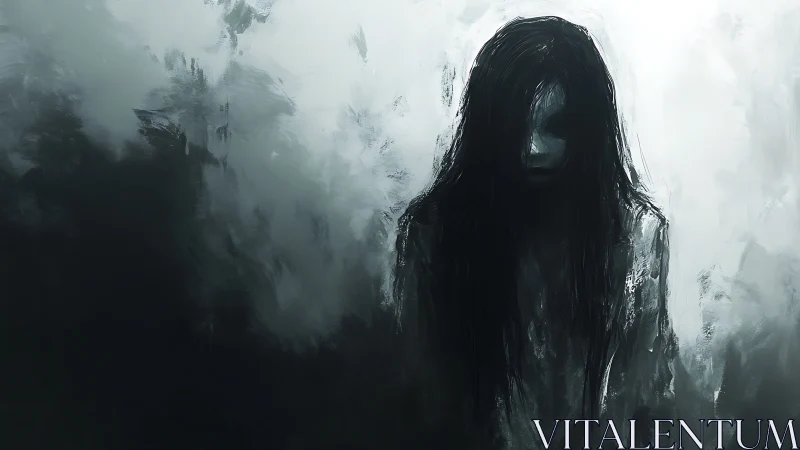 Shrouded specter girl sinking into charcoal stormlight.