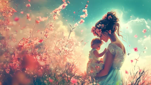 Woman and child in floral field with atmospheric lighting effects.
