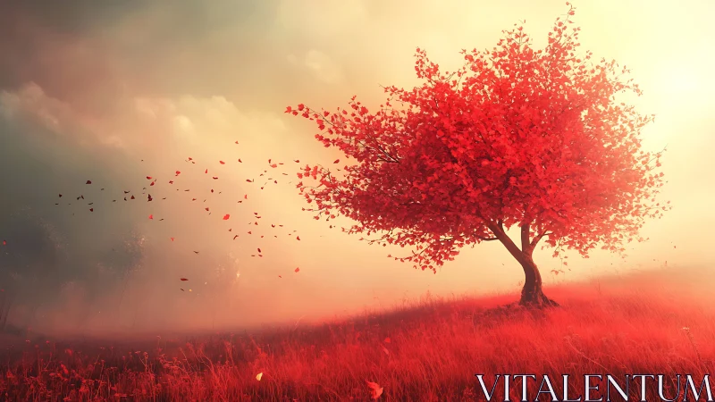 Crimson dreamtree burns softly in a mist-lit horizon field.