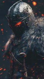 Armored dark knight with glowing visor and scorched steel plating