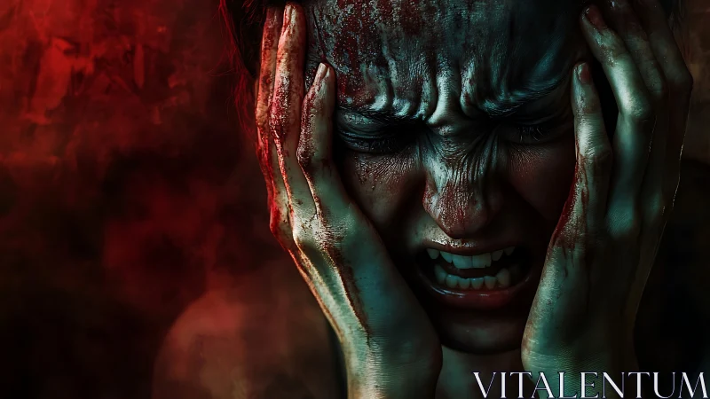 Bloodstained face pressed between hands in intense anguish