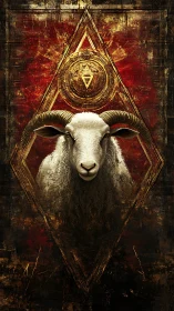 Ram portrait framed in occult geometric triangle symbol.