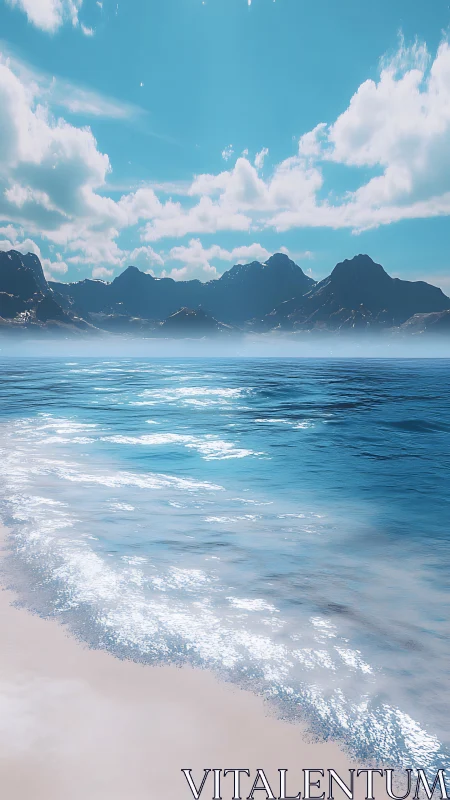 Digital seascape panorama with atmospheric coastal mountains.