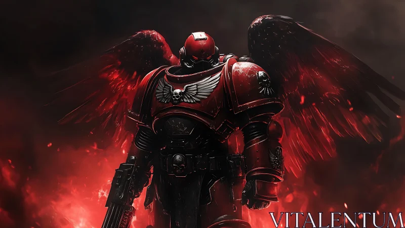 Armored winged warrior emerges from crimson infernal haze