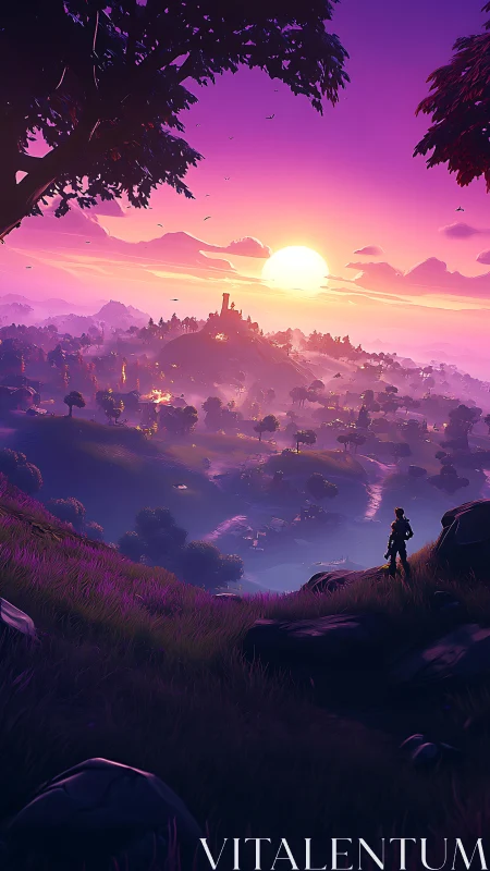 Sunset wanderer overlooking a dreamy violet valley.