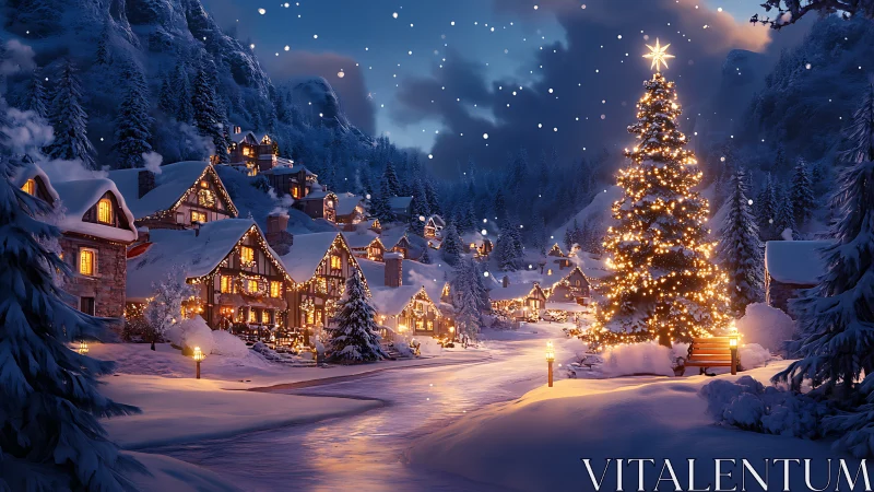 Snowy village street curves past illuminated Christmas tree