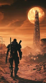 Lone wanderer crossing a rust-red wasteland toward the tower.