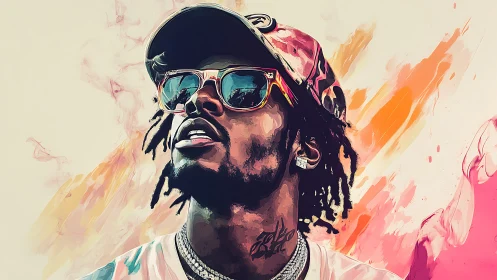 Stylized vector portrait of rapper with neon gradients and bokeh lighting