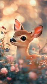Dreamy forest fawn among blushing blossoms at sunrise.