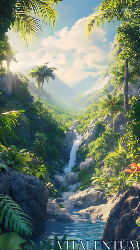 Sunlit jungle waterfall inviting you into a quiet escape.