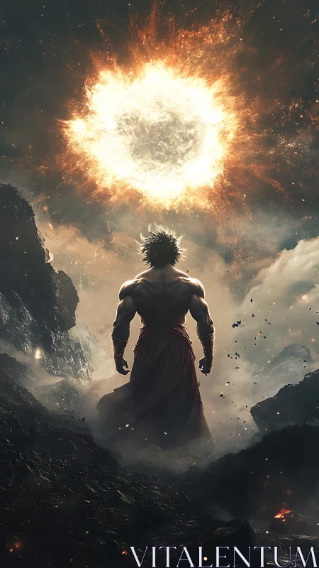 Solitary figure under blazing celestial sphere in ravine.