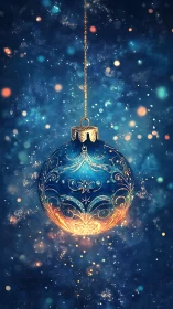 Luminous blue glass ornament with gold filigree in starry haze