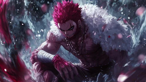 Anime warrior portrait in dynamic storm-lit composition.