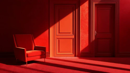 Minimalist red room with armchair and double doors bathed light.