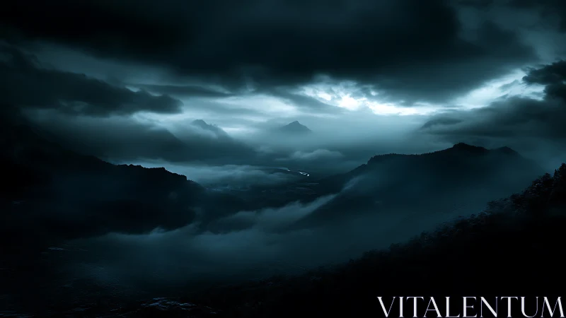 Digital painting of mist-laden mountains under storm glow.