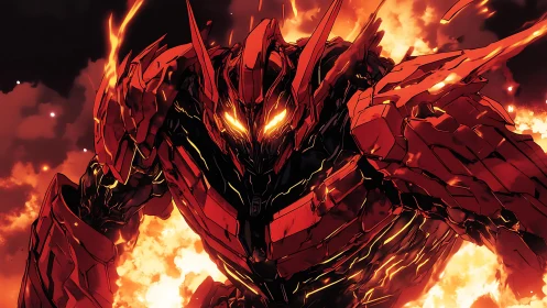 Blazing mech titan strides through roaring waves of molten fire