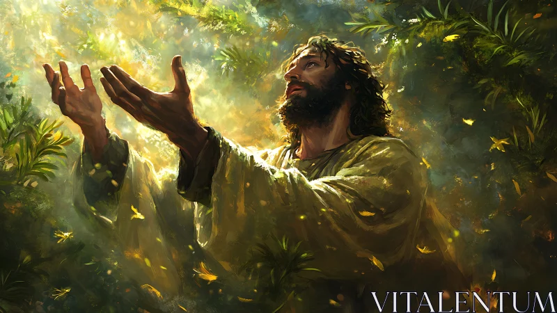 Forest-lit prophet lifts his hands toward cascading glory light