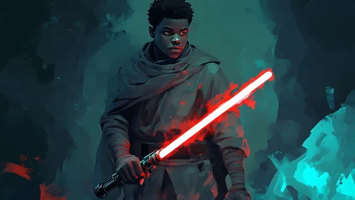 Storm-lit wanderer steadies a crackling crimson energy blade