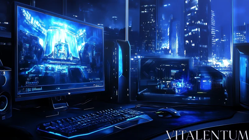 Futuristic blue-lit gaming workstation overlooking neon city skyline.