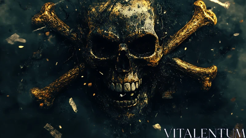 Corroded golden skull-and-crossbones emblem in turbulent debris field.