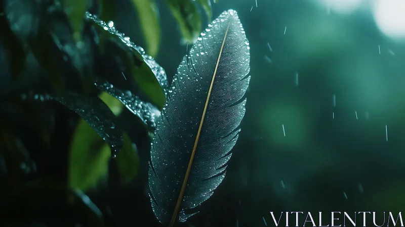 Macro-rendered feather with water droplets in soft rainforest rain