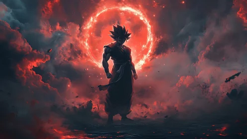 Spiky haired warrior stands before fiery red eclipse sky