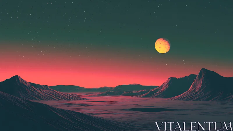 Alien valley beneath neon dusk sky and cratered moon.