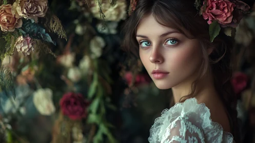 Romantic floral portrait with ethereal teal-eyed subject.