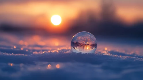 Crystal ice sphere glows softly against a winter sunset sky