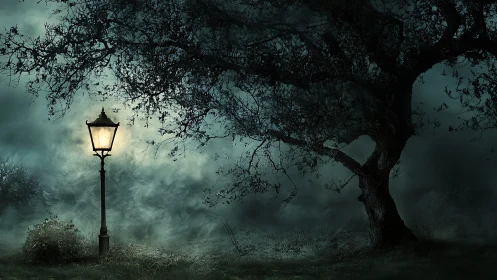 Lonely lamppost whispers pale stories into the haunted mist