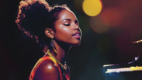 Warm jazz glow around a pianist lost in soft melody.