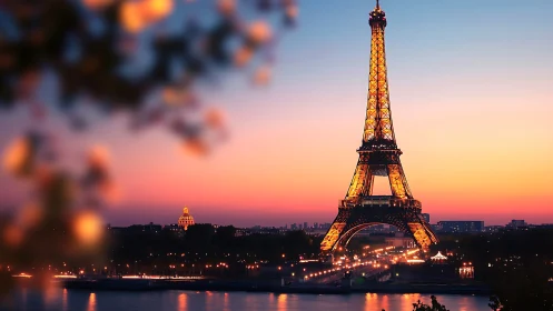 Illuminated Eiffel Tower stands over Paris at evening twilight