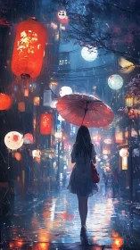 Rain-soaked lantern alley frames solitary figure with umbrella