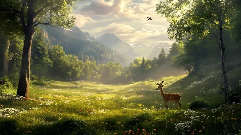 Stag stands in sunlit alpine meadow under glowing morning sky