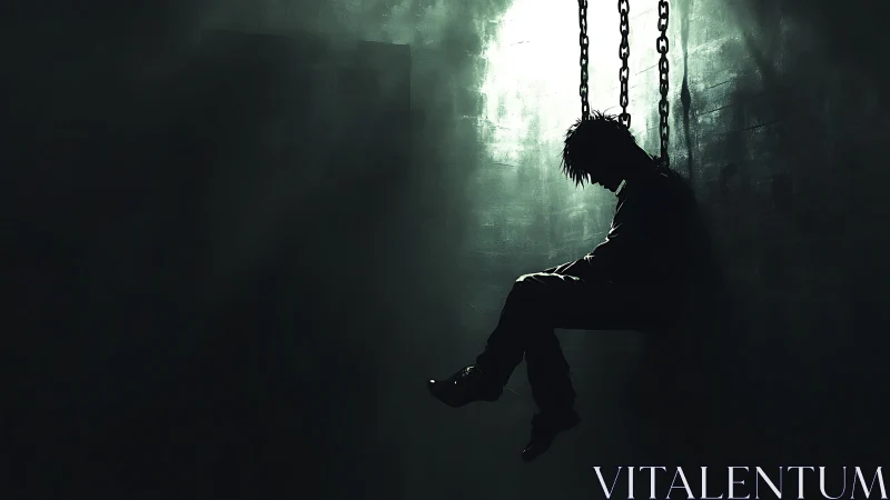 Chains cradle a lone shadow, suspended in weary midnight