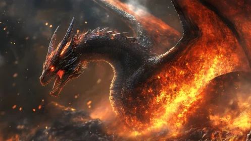 Dragon rendered in high-detail 3D above dense volcanic fire