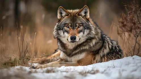 Winter grass bows as a resting wolf rules the quiet clearing