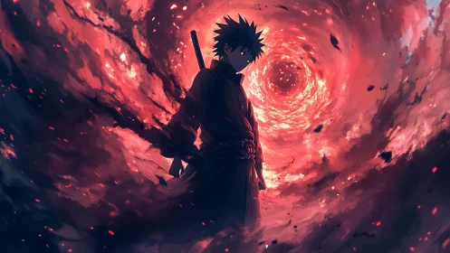 Dark anime swordsman stands before swirling red vortex.