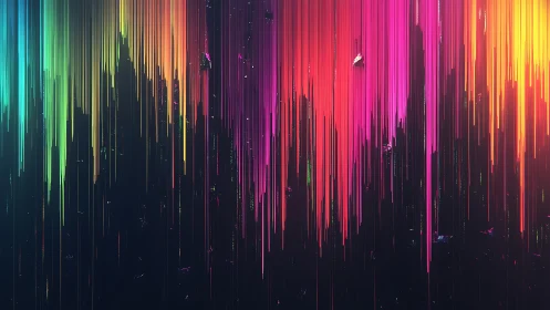 Prismatic light trails cascade over a dark cosmic skyline.