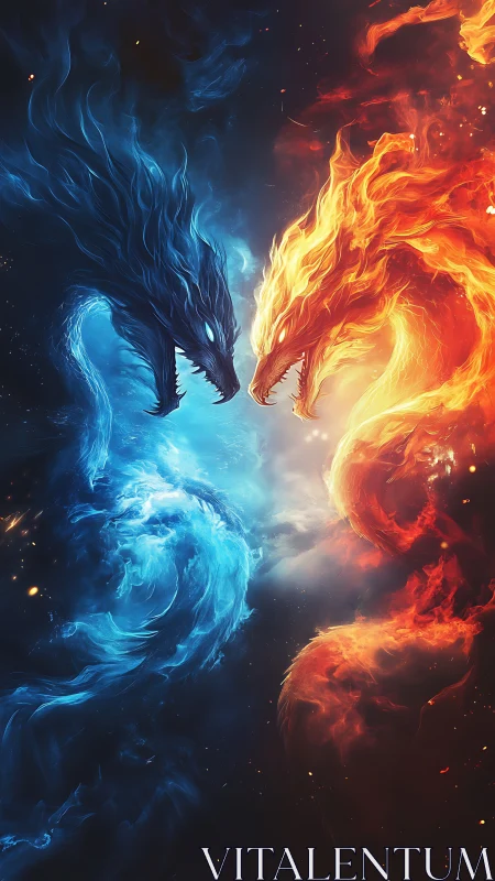 Elemental fire and ice dragons spiral in opposing cosmic vortex