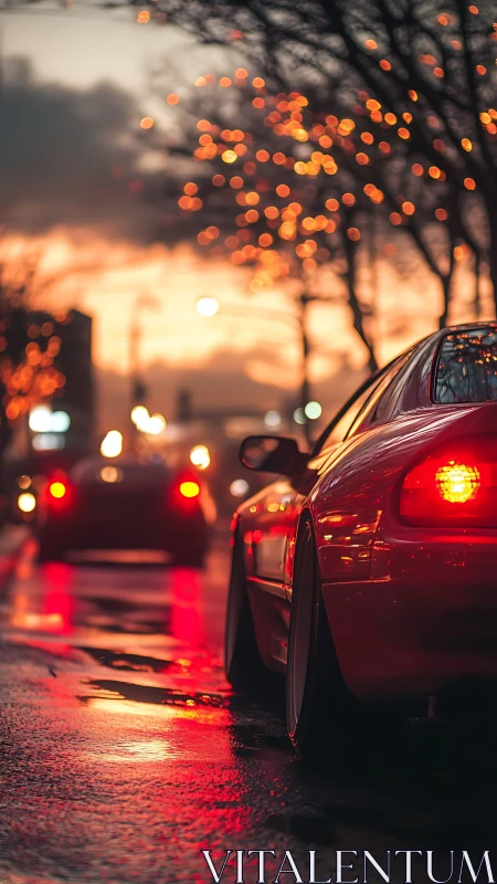 Low-angle telephoto view captures wet-street bokeh around red coupe