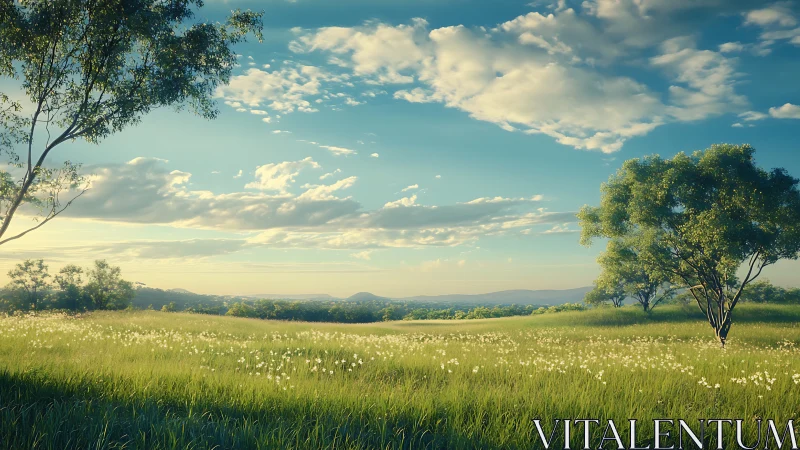 Photorealistic pastoral meadow under expansive cloud-laced sky.
